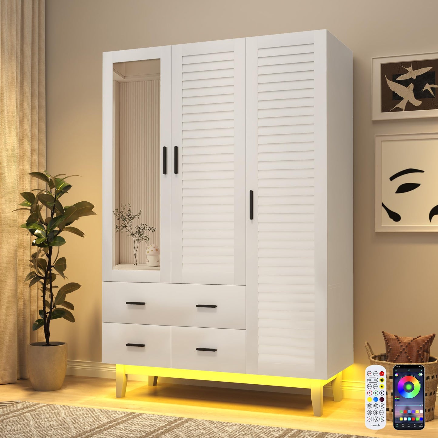 jiteentarou 4 Door Armoire Wardrobe Closet Cabinet with Drawers and LED Lights, Multi-Tier Shelves, Hanging Rod & 4 Louver Doors, Large Capacity Storage Wardrobe Armoire for Bedroom(4 Doors White)