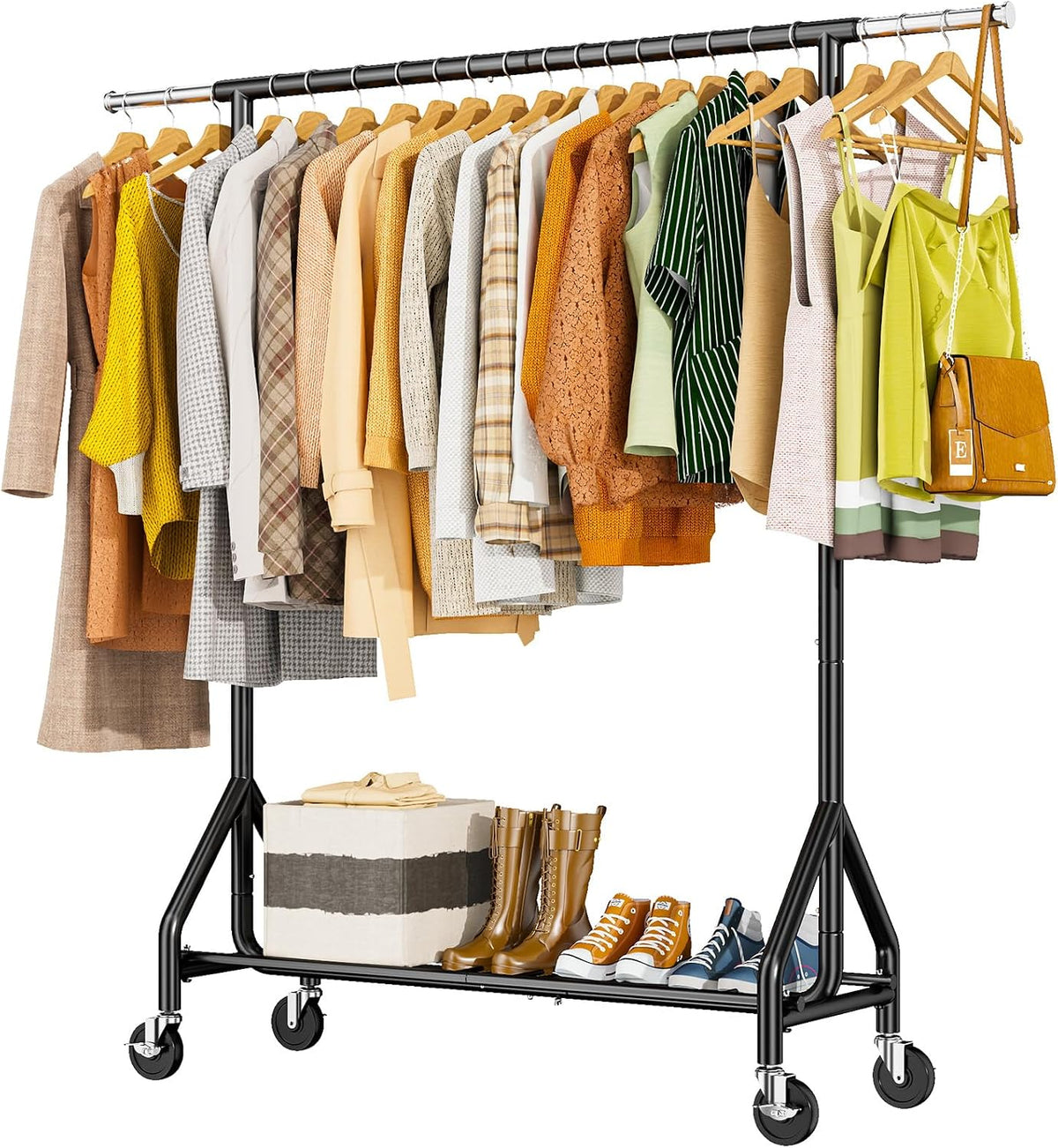 HYSEYY Heavy Duty Clothes Rack Load 450 LBS, Metal Garment Rack, Standing Rolling Clothing Rack for Hanging Clothes with Sturdy Wheels & Shelves, Portable Closet Wardrobe Rack,Sliver