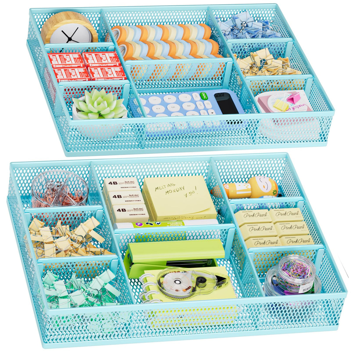 Marbrasse 2 Pack Desk Drawer Organizer, Mesh Drawer Organizer Tray with 8 Adjustable Compartments, Desk Organizers and Accessories, 5 Dividers Drawer for Office Supplies, Makeup & Vanity (Black)