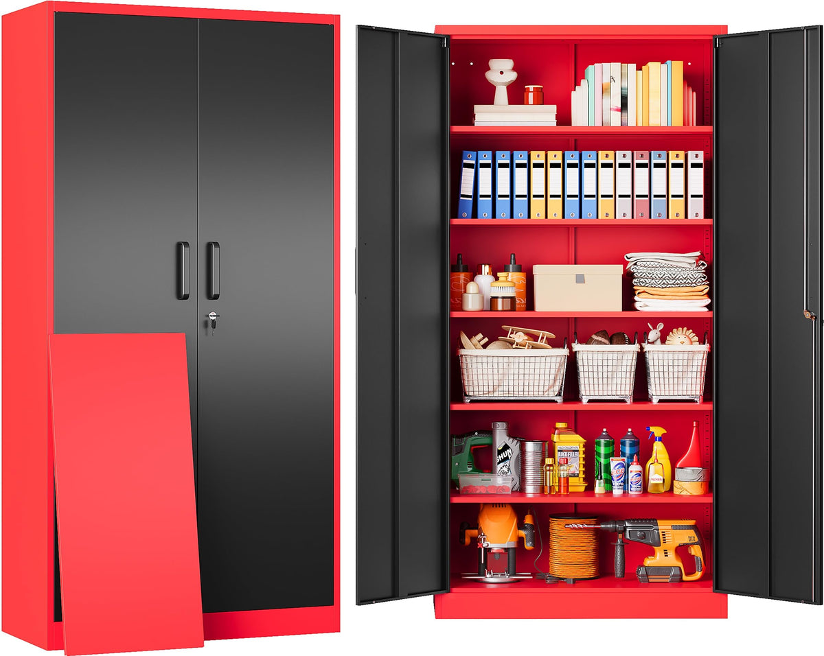 Wide & Deep Metal Storage Cabinet with Hanging Rod,Black Broom Closet Storage Cabinet with Lock,72" Tall Wardrobe Cabinets with Doors and Shelves,Locking Steel Tool Cabinets for Home,Office,Garage