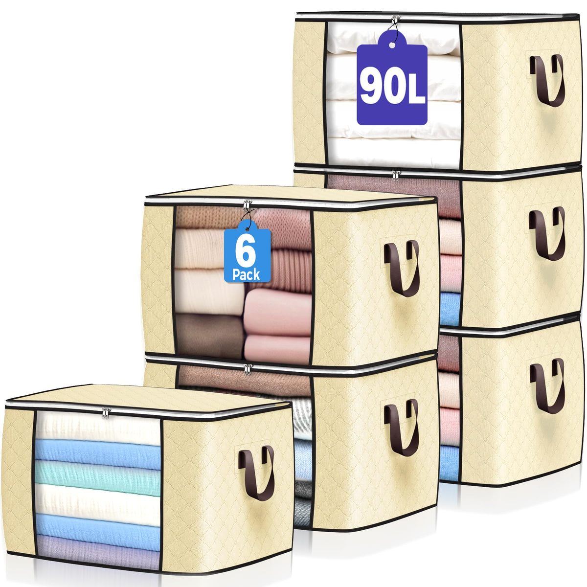 90L Large Storage Bags, 6 Pack Clothes Storage Bins Closet Organizers