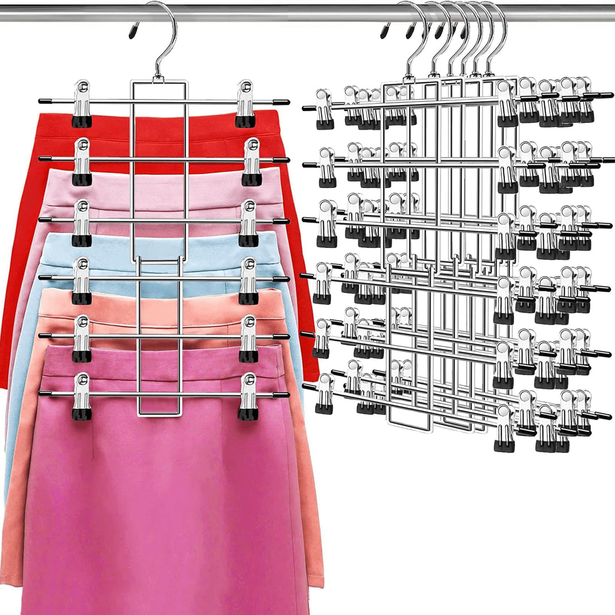 Pants Hangers with Clips,Space Saving Hanging Closet Organizer-6 Tiers Skirt Hangers with 360° Swivel Hook,Closet Organizer-Clothes Hangers- College Dorm Essentials Apartment Essentials-2 Pack