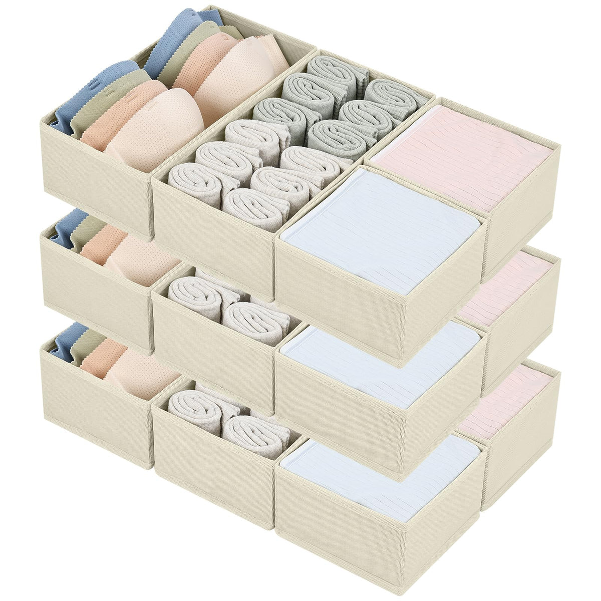 DIMJ Drawer Organizers Clothes, Dresser Organizer Bins for Baby Clothes,Underwear and Sock, Fabric Closet Organization and Storage Boxs, Drawer Dividers for Nursery, Clothing, Tie - 4 Pack, Beige