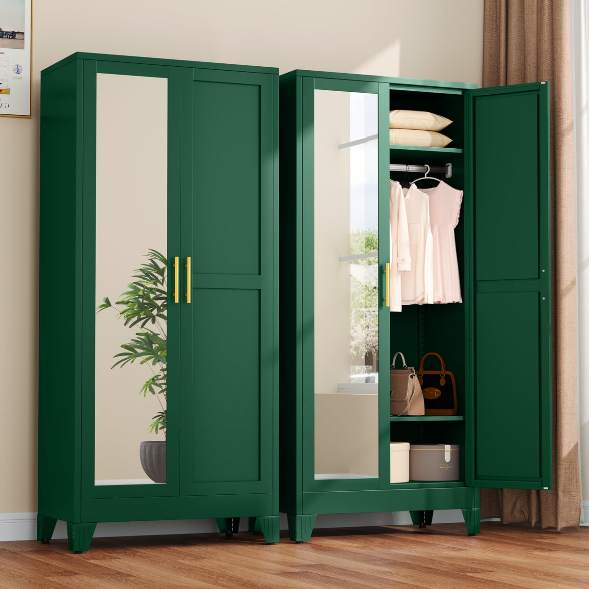 Metal Armoire Wardrobe Closet, 71" Clothing Storage Cabinet with Mirror