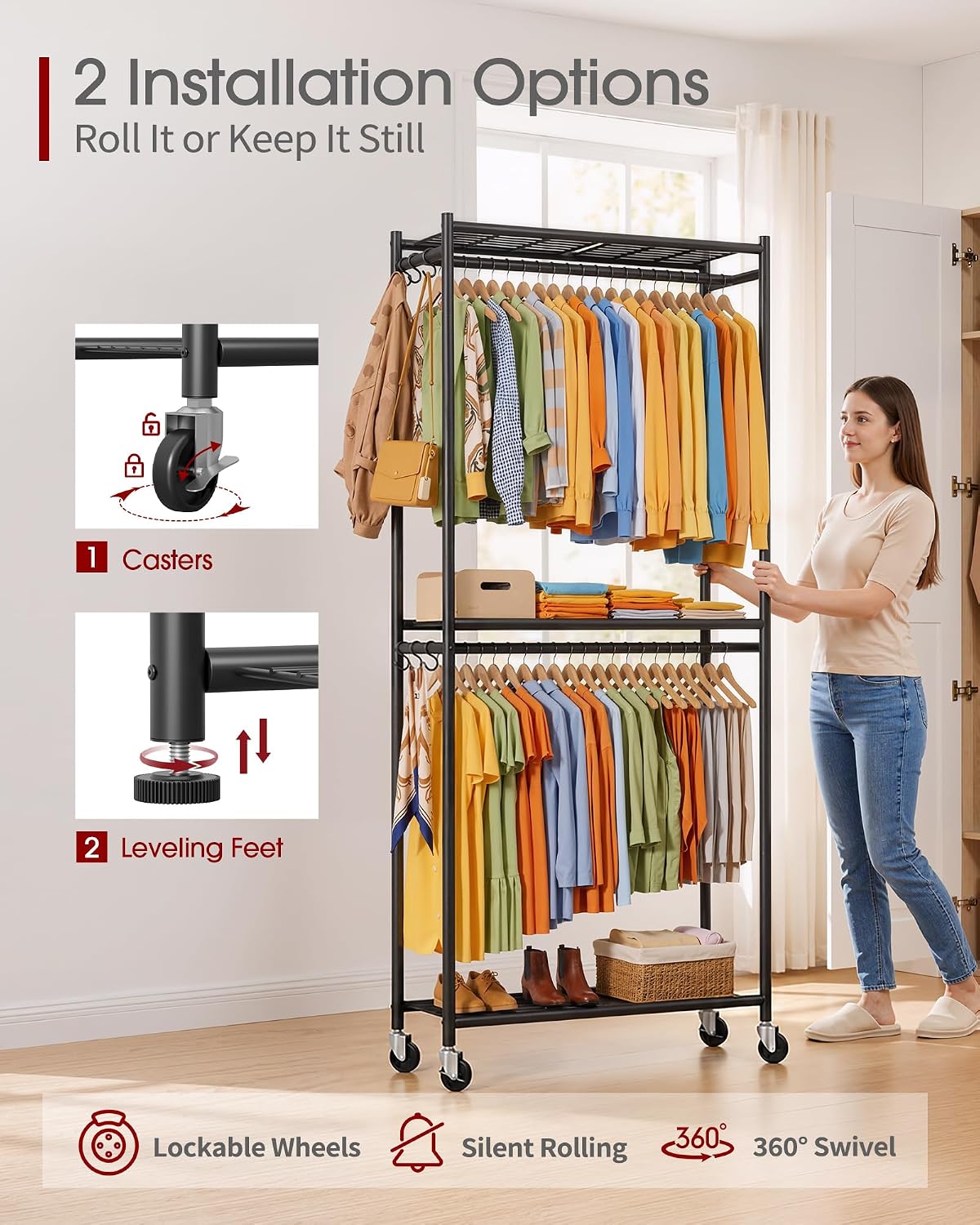 Sakugi Clothes Rack - 33.0" x 12.2" x 79.5" Clothing Rack with Shelves & Wheels, Multi-Functional Wardrobe Closet with Hooks, Sturdy Metal Garment Rack for Bedroom, Laundry, Balcony (Black)