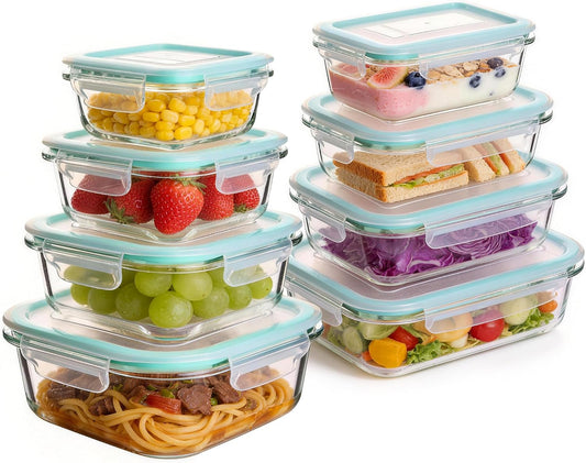 Liuruiyu Glass Food Storage Containers with Lids, 8 Pack Meal Prep Containers, Airtight Bento Boxes with Leak Proof Locking for Microwave, Oven, Freezer and Dishwasher, BPA Free（5oz to 36oz）
