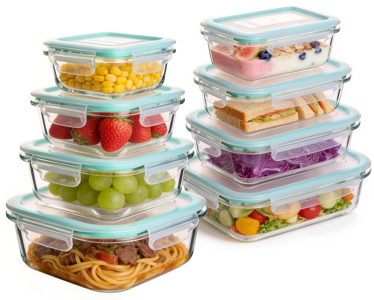 Liuruiyu Glass Food Storage Containers with Lids, 8 Pack Meal Prep Containers, Airtight Bento Boxes with Leak Proof Locking for Microwave, Oven, Freezer and Dishwasher, BPA Free（5oz to 36oz）