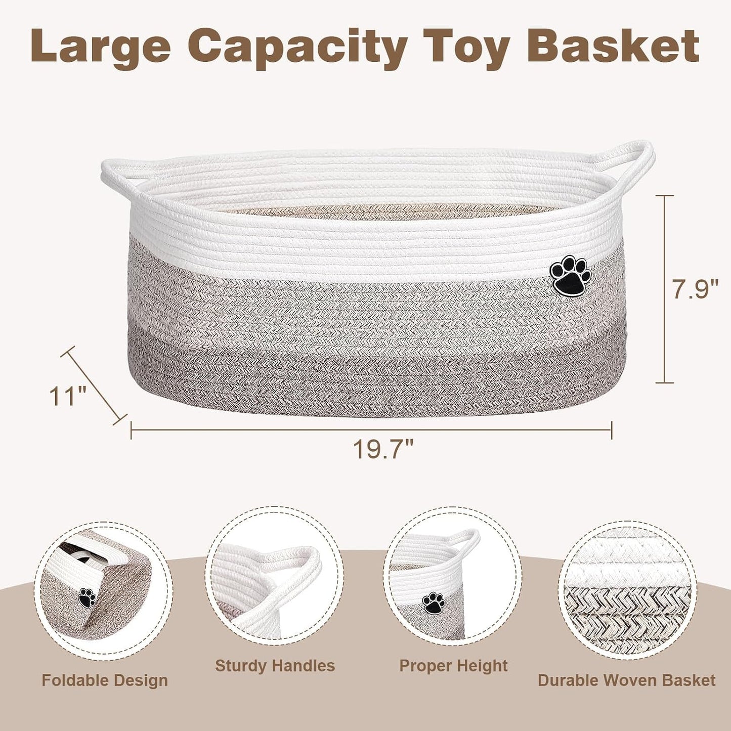 Optish Dog Toy Basket, 30L Toy Box and Bin for Dog Cat Storage, 19.7" X 11" X 7.9" Large Woven Rope Basket for Blanket Storage, Living Room, Bedroom, White & Brown