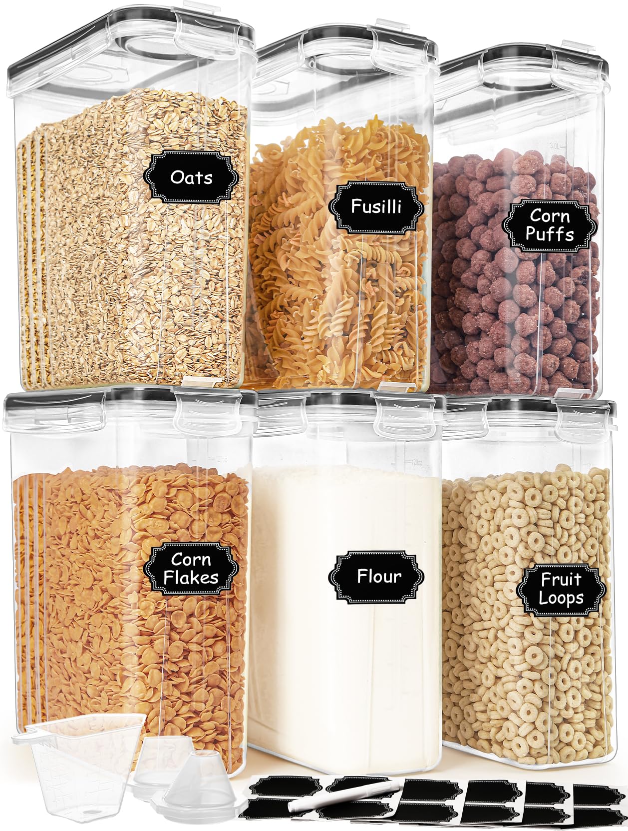 Cereal Containers Storage Set (4L / 135.2oz), 8PCS Airtight Food Storage Containers with Lids, Cereal Dispensers for Kitchen Pantry Organization and Storage with Pour Spout, 20 Labels, Marker