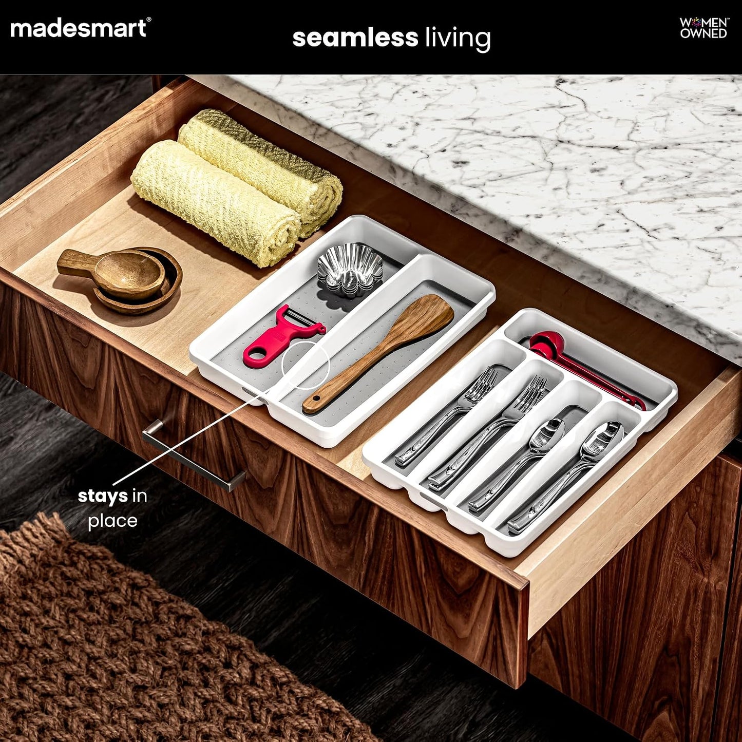 madesmart Classic 2 Compartment Compact Utensil Tray, White
