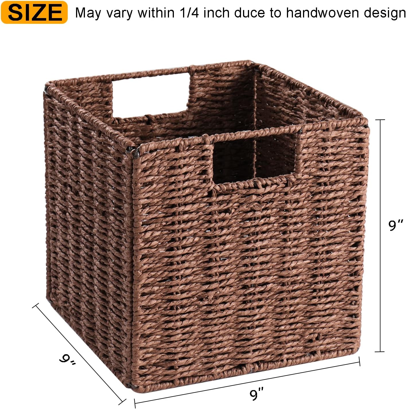 Vagusicc Wicker Storage Basket, Set of 2 Hand-Woven Storage Baskets for Shelves, Foldable Cube Storage Baskets Bins with Handles, 9 inch Small Wicker Baskets for Organizing Pantry Bedroom, Brown