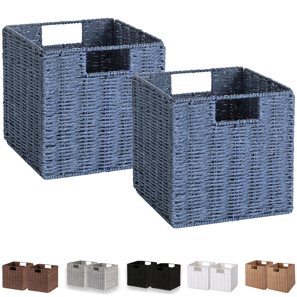 Vagusicc Wicker Storage Basket, Set of 2 Hand-Woven Storage Baskets for Shelves, Foldable Cube Storage Baskets Bins with Handles, 9 inch Small Wicker Baskets for Organizing Pantry Bedroom, Brown