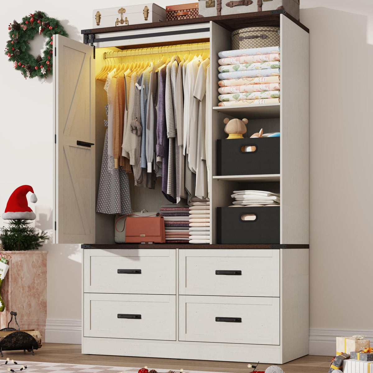 Farmhouse 4 Doors Armoire Wardrobe Closet w/Folding Sliding Barn Door and Lights, LED Armoire Closet w/Drawers for Bedroom, Freestanding Wooden Wardrobe Storage Closets w/Hanging Rod,Antique White