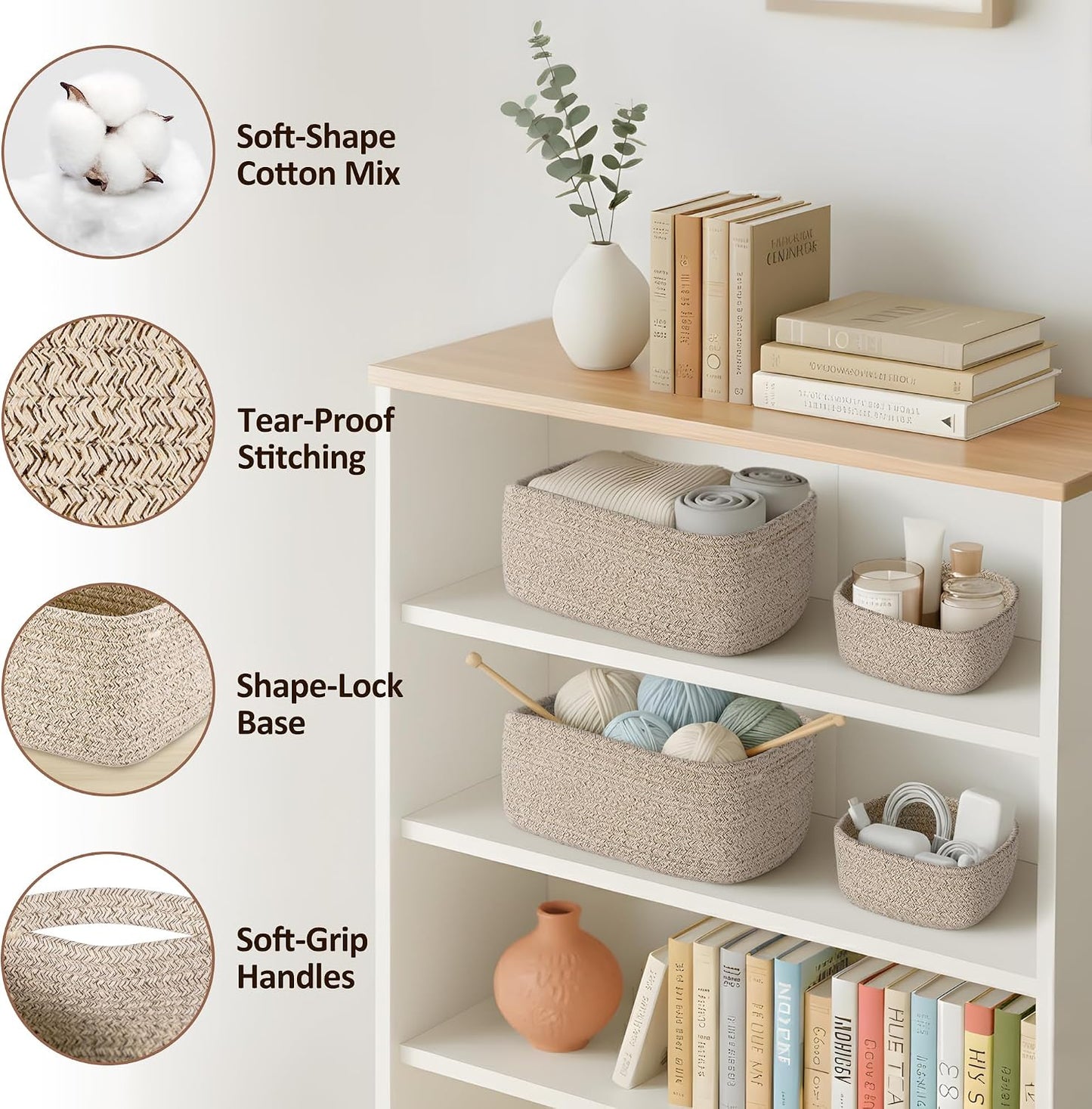 5-Pack Small Woven Rope Storage Baskets, 2 Sizes Organizer Bins