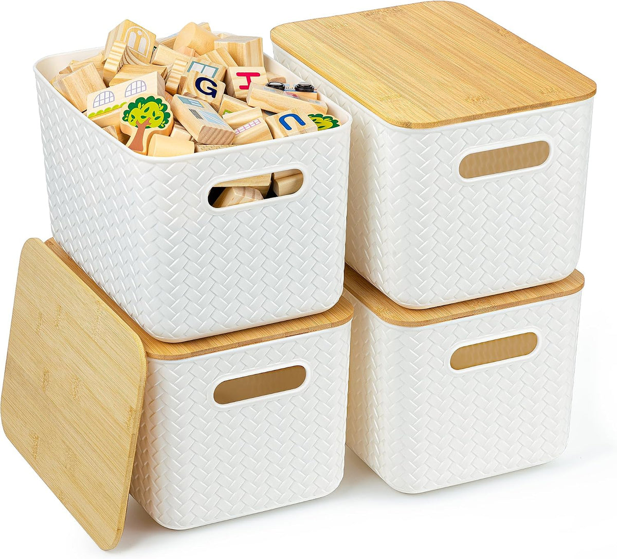 Ohmlove 4 Pack Storage Bins with Bamboo Lids,Stackable Box for Organization