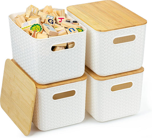 Ohmlove 4 Pack Storage Bins with Bamboo Lids,Stackable Box for Organization