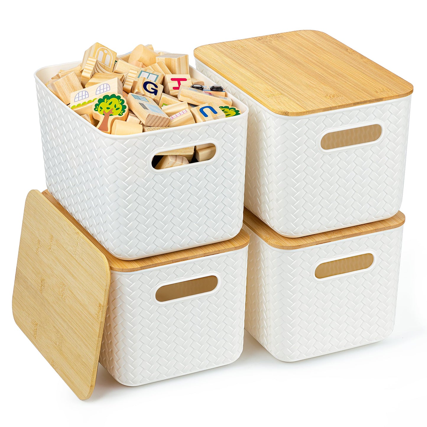 Ohmlove 4 Pack Storage Bins with Bamboo Lids,Stackable Box for Organization