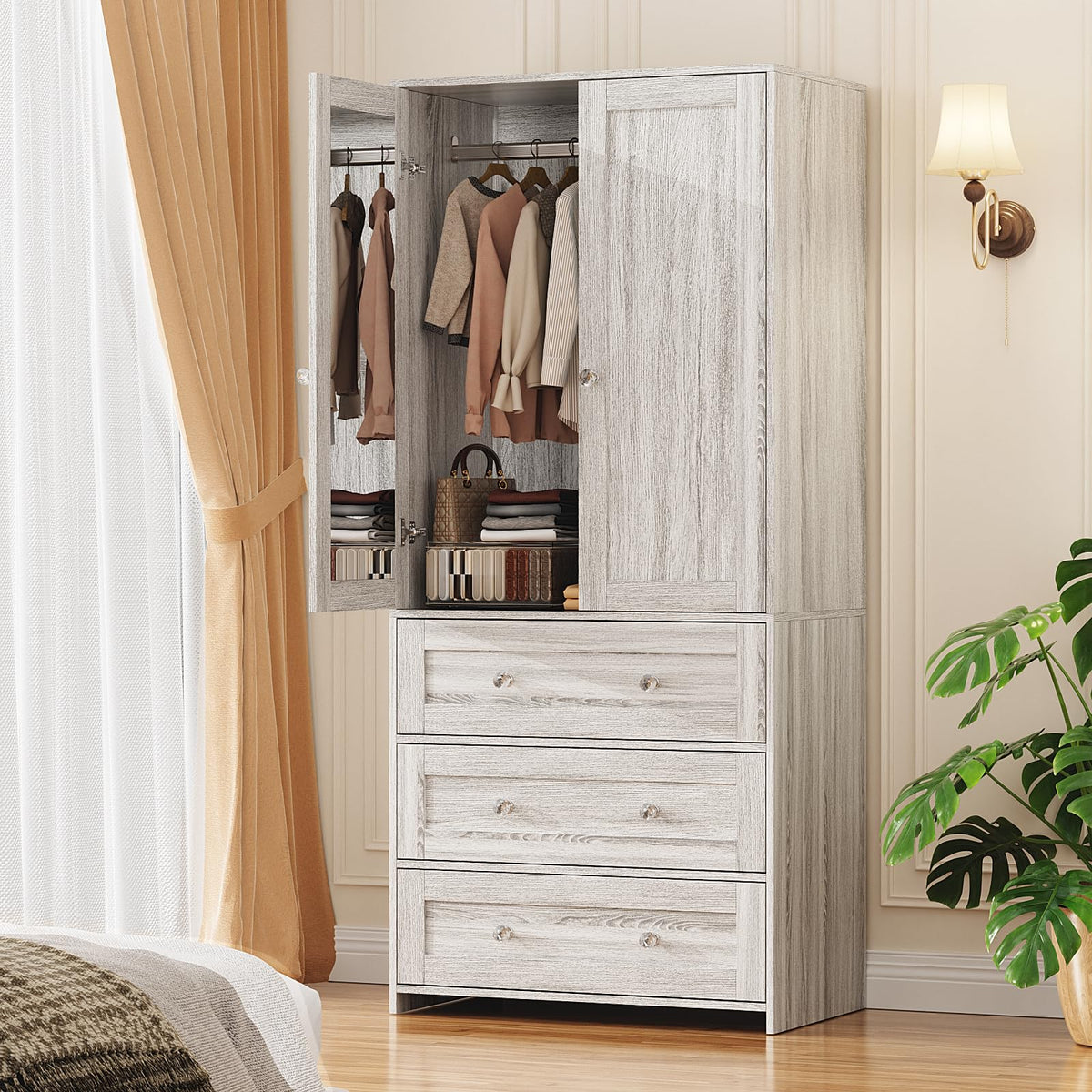 VOWNER 71" Tall Armoire Wardrobe Closet with Drawers and Mirror
