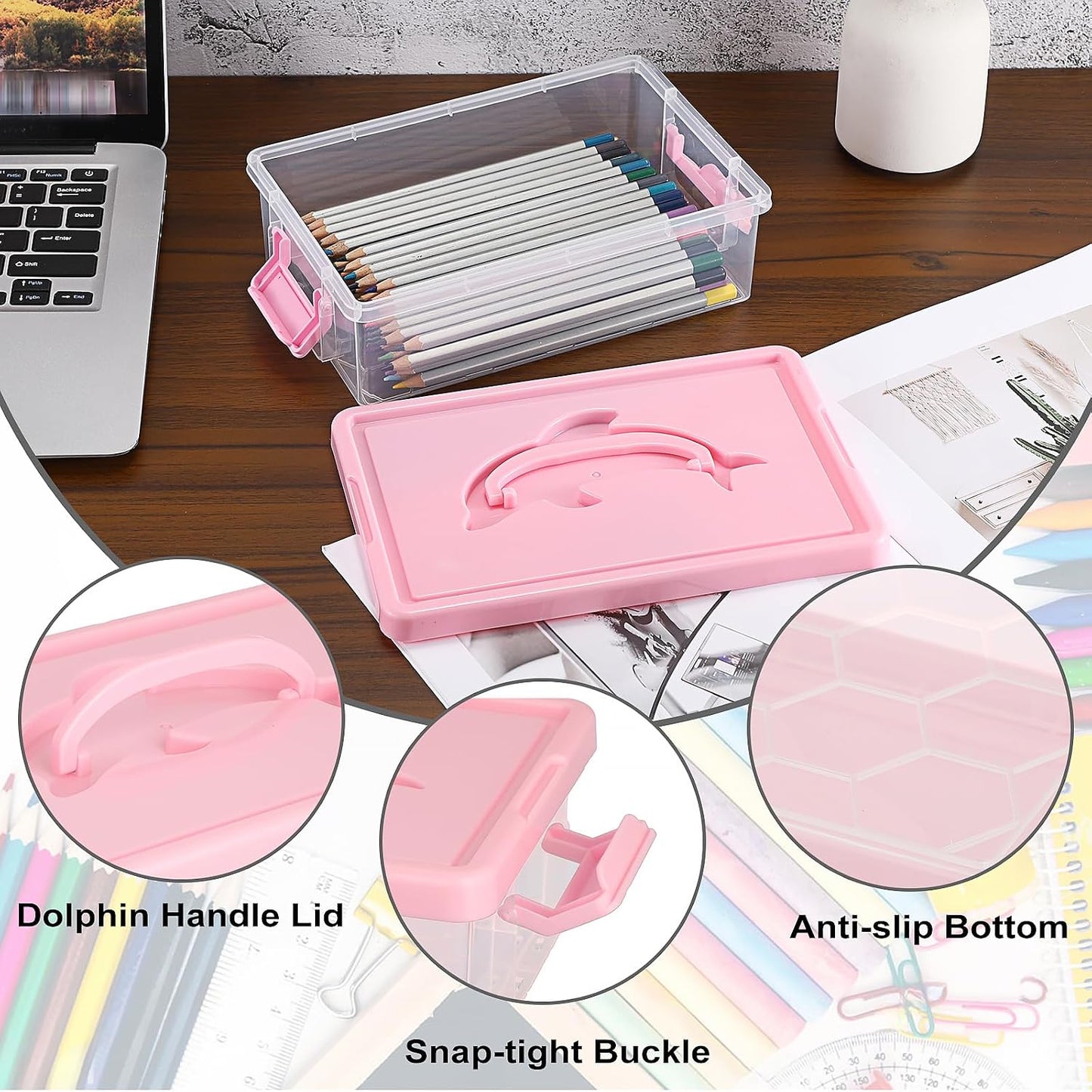 BTSKY 1-Pack Clear Small Plastic Storage Box with Lid - 9″x5.5″x2.8″, Pink