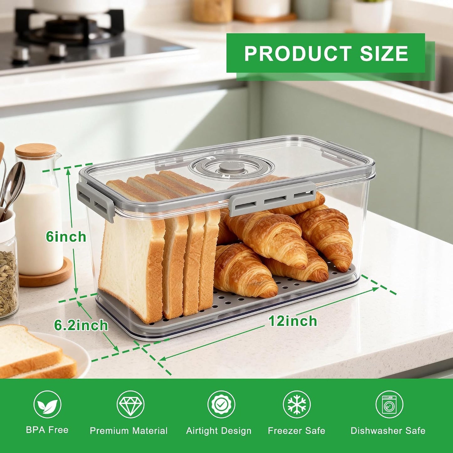 Tiawudi Plastic Bread Box for Kitchen Countertop, Airtight Bread Storage Container for Homemade Bread, Toast, Loaf, Bagel, Donut and Cookies, Time Recording Bread Keeper, Dishwasher Safe