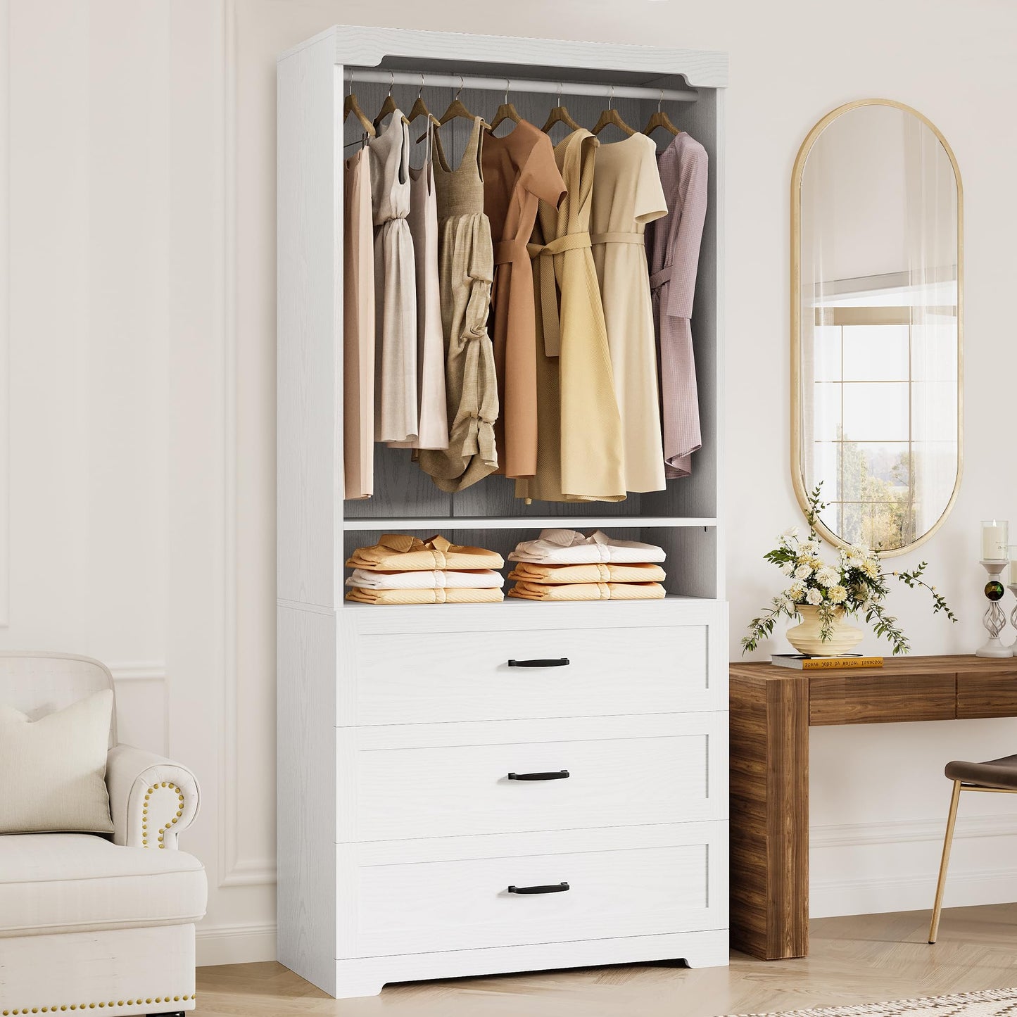 IRONCK Freestanding Closet System with Adjustable Shelves & 3 Drawers