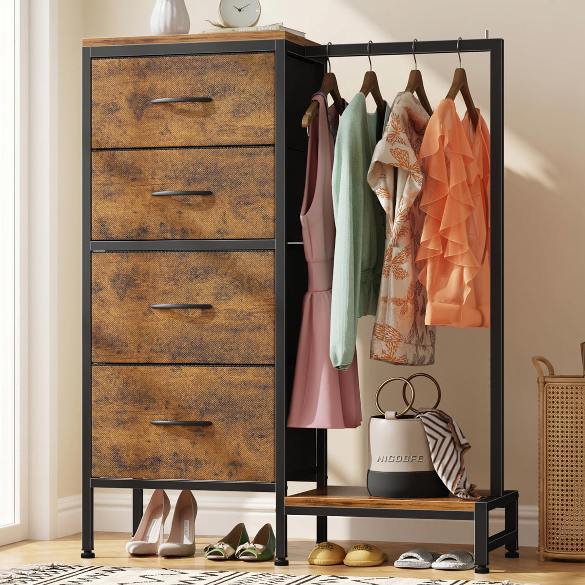 HIGDBFE Tall Dresser 44''H with Hanging Rack, 4 Drawers Small Closet Dresser for Bedroom, Reversible Fabric Chest of Drawers with Clothes Rack, Tall Storage Tower, Sturdy Frame, White
