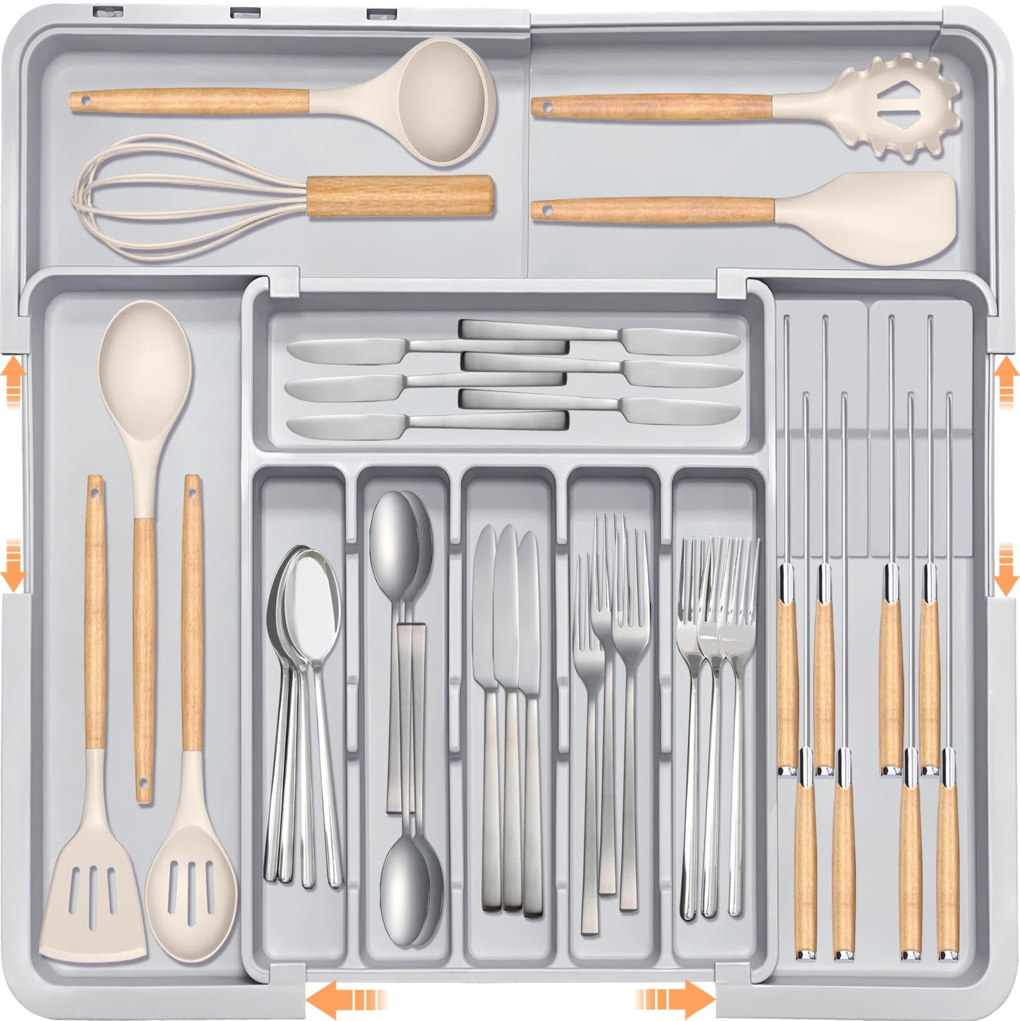 Homecor Silverware Organizer - Expandable Large Kitchen Drawer Organizer Utensil Organizer with 2 Removable Knife Blocks, 22"x 19"Cutlery Tray Drawer Dividers for Kitchen Flatware(6-9 Slots) (Black)