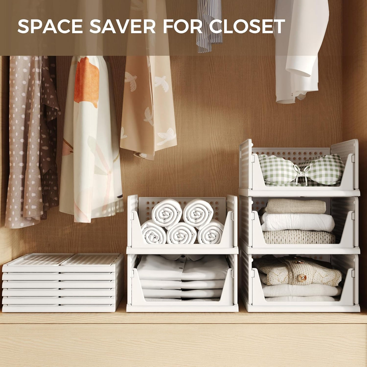 Pinkpum 6 Pack Closet Organizer Storage Bins Stackable Plastic Drawer Shelf