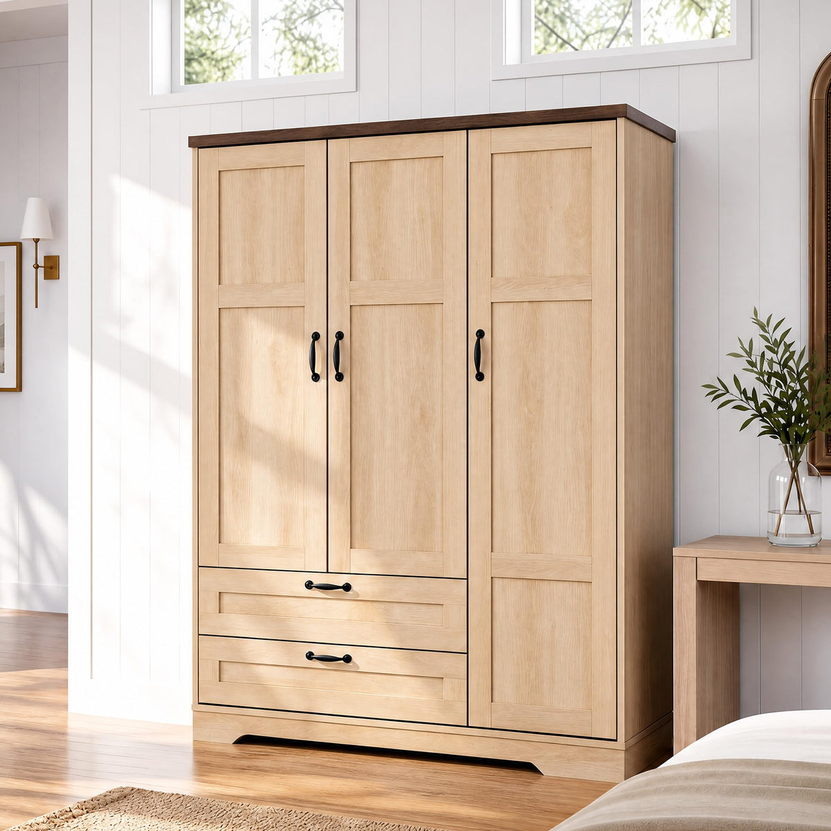 Yechen 71" Wooden Armoire Wardrobe Closet with 2 Doors & 2 Drawers, Natural