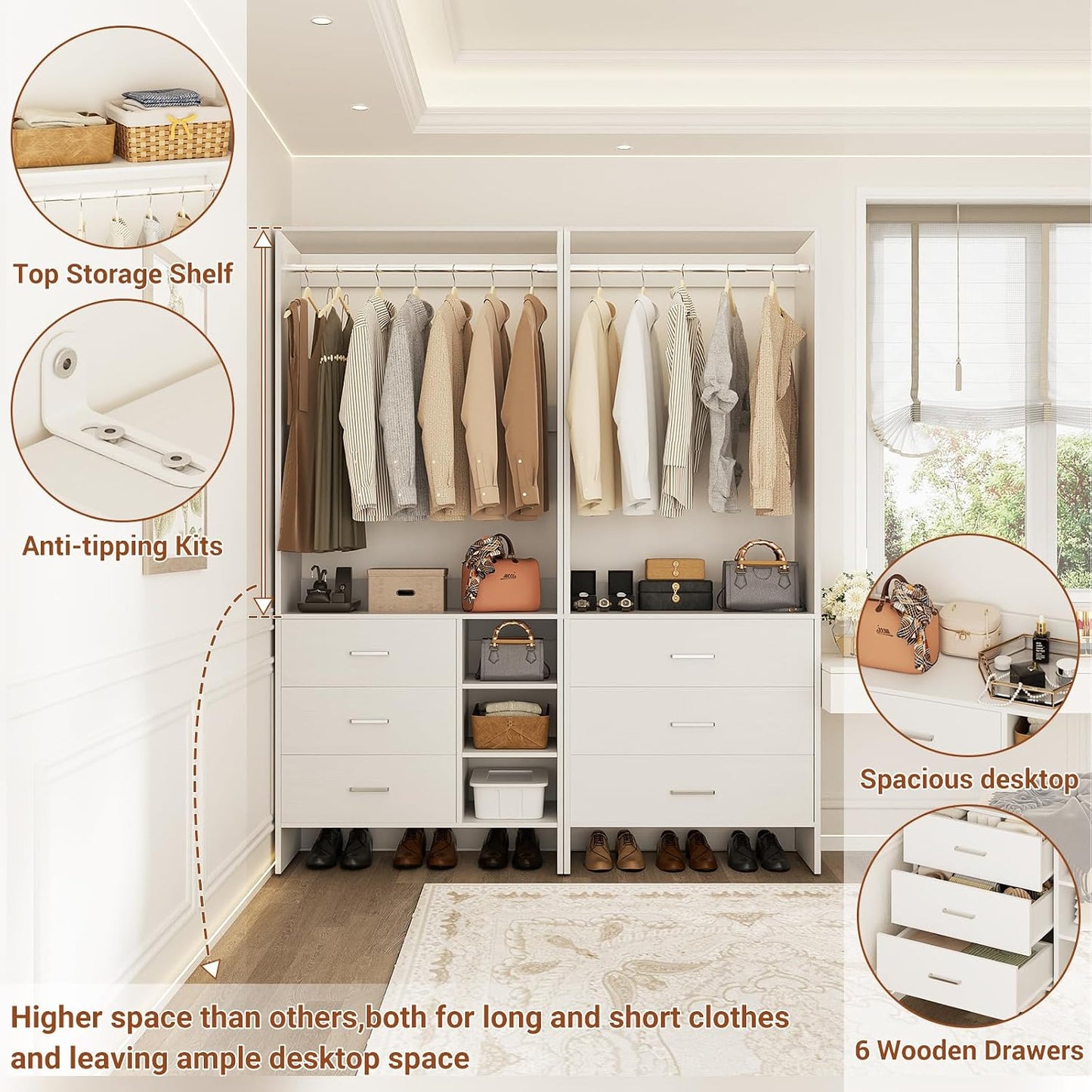Aheaplus Closet System with 6 Drawers, 4.5ft, Set of 2, White