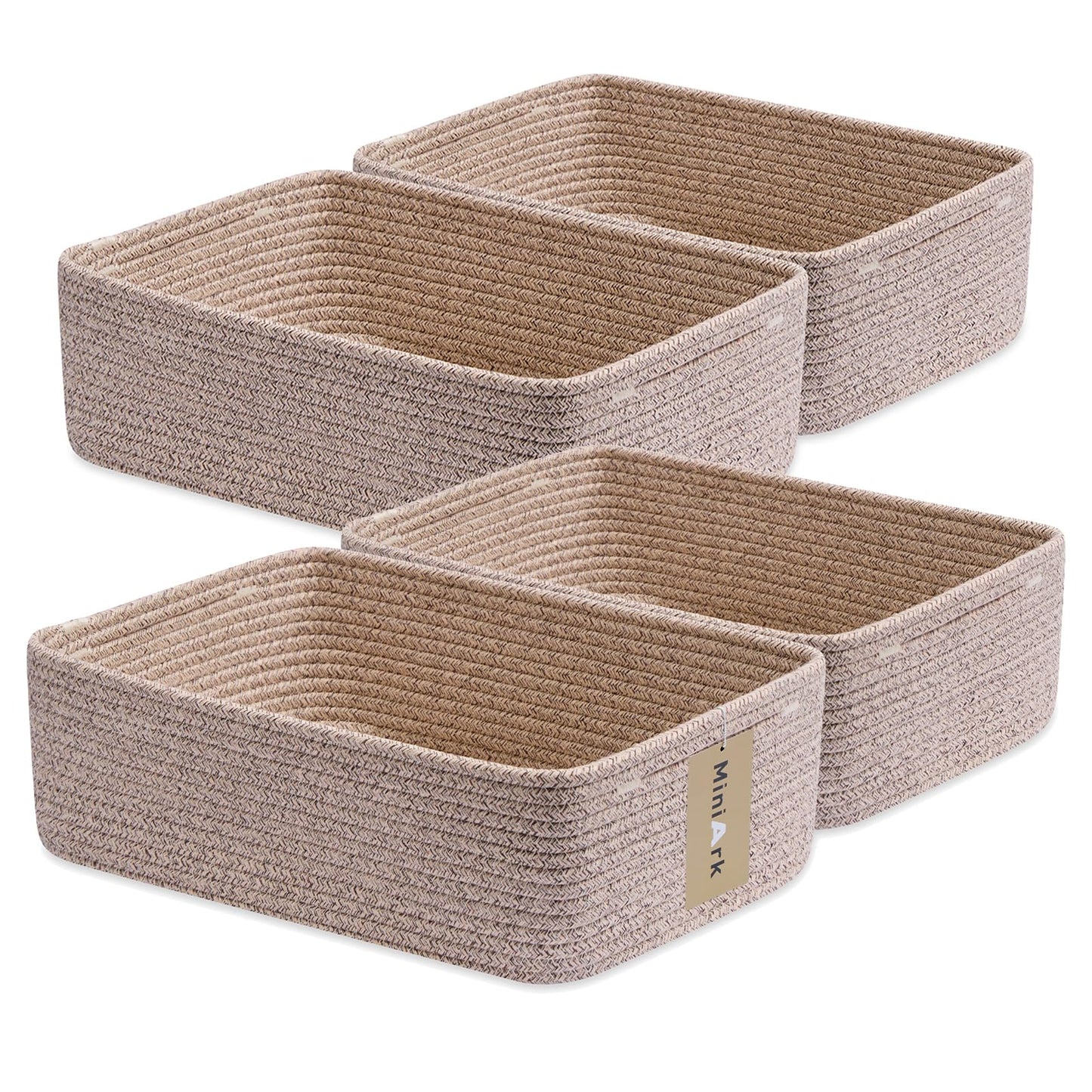 MiniArk Large Shallow Organizing Baskets 15x11x5.1 Inches - Rope Woven Storage Bins for Bathroom, Shelves, Cube Closet, Mixed Brown 2 Packs