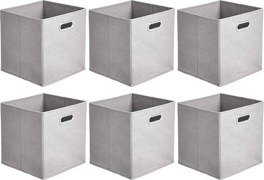 Amazon Basics Collapsible Cube Storage Bins, Space-Saving, Organizing Fabric Bins with Handles, 10.5 x 10.5 x 11 inches, Light Grey, 6-Pack
