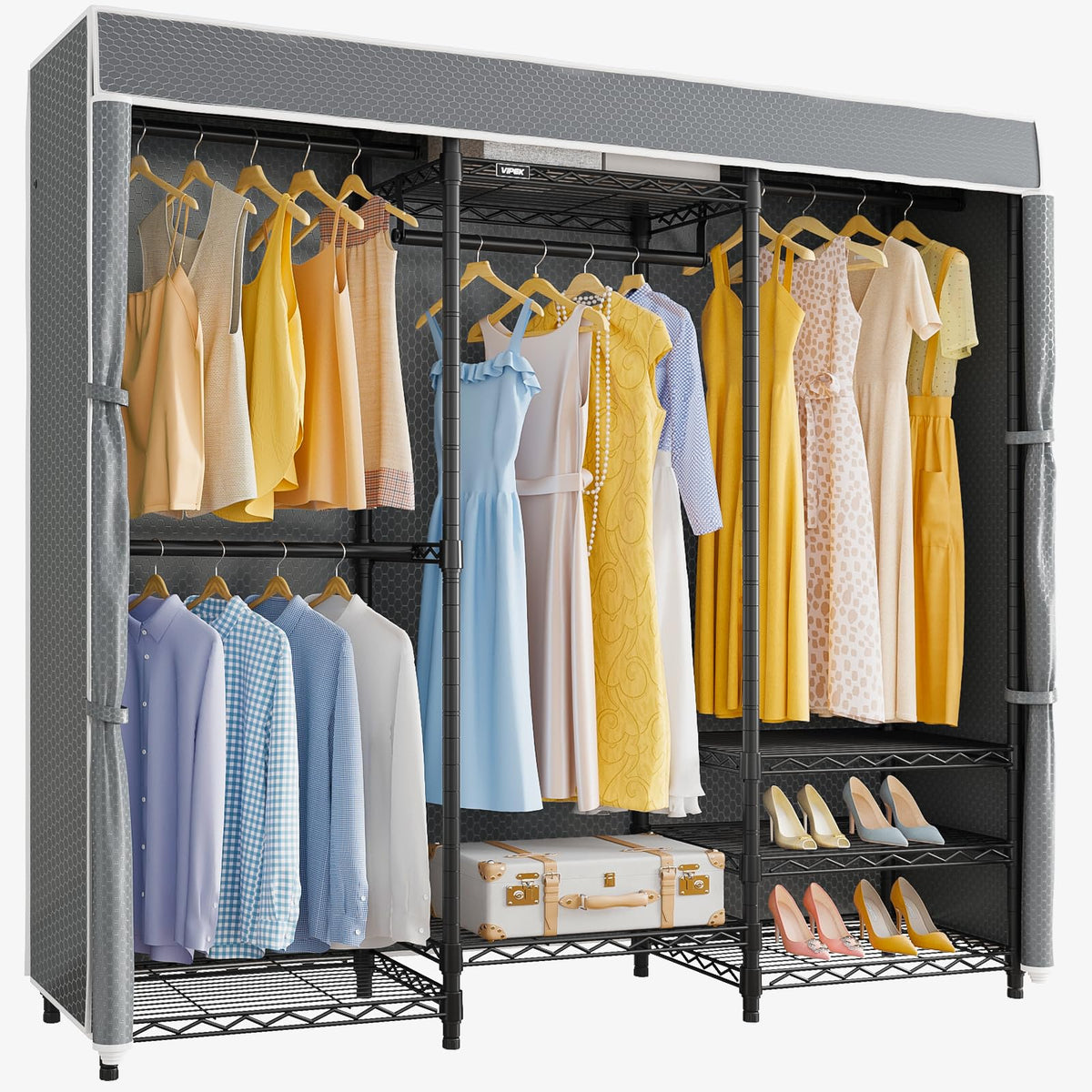 VIPEK V5C Heavy Duty Covered Clothes Rack Portable Closet Rack, Black Metal Clothing Rack with Black Upgarded Polyester Cover, Adjustable Custom Freestanding Closet Wardrobe, Max Load 800LBS
