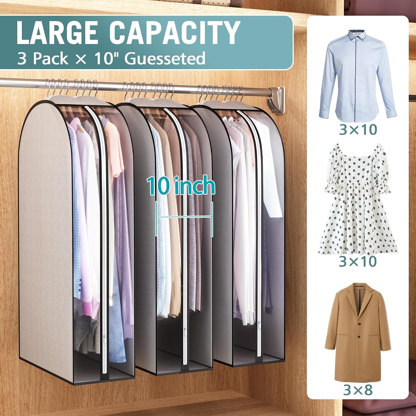 Liuoud 10" Gusseted Garment Bags for Hanging Clothes, 40", 3 Pack