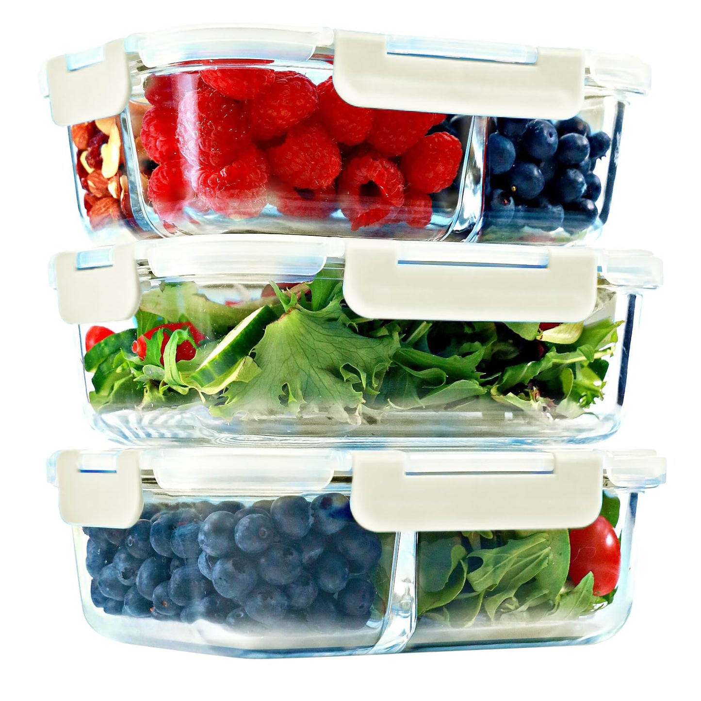 Glass Meal Prep Containers 2 and 3 Compartments, Leak-Proof, 32 oz, 4 Pack