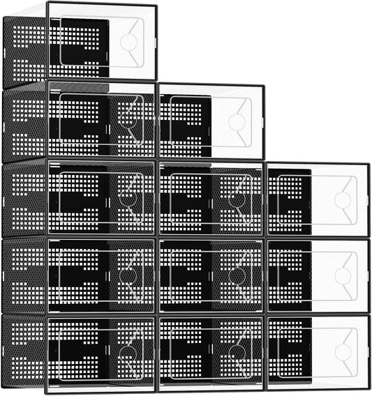 DUMOS Shoe Storage Boxes, 12-Pack Stackable Clear Shoe Containers with Lids, Display Sneaker Case Organizer for Closet, Under Bed, Entryway, Black, Fit Size 11