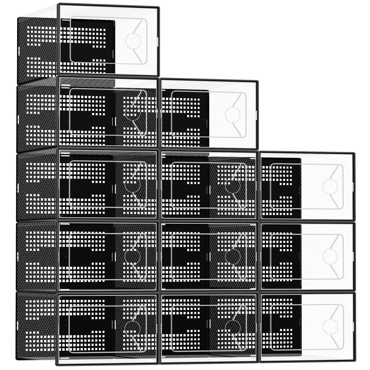 DUMOS Shoe Storage Boxes, 12-Pack Stackable Clear Shoe Containers with Lids, Display Sneaker Case Organizer for Closet, Under Bed, Entryway, Black, Fit Size 11