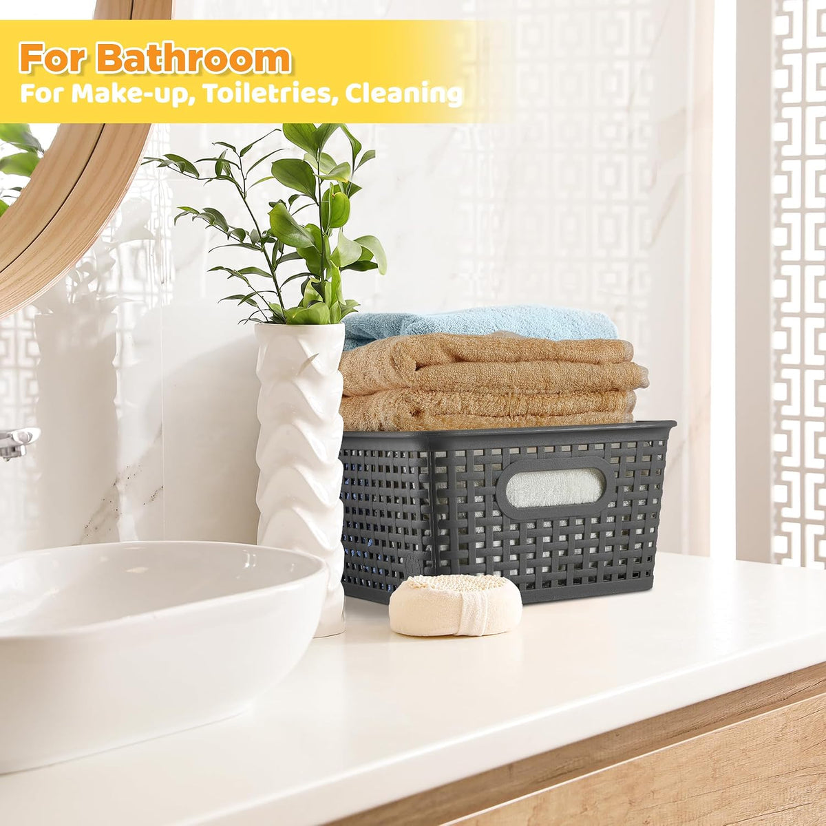 AREYZIN Plastic Storage Baskets -6 Pack, Storage Bins with Lid Organizing Container Lidded Knit Storage Organizer Bins for Shelves Drawers Desktop Closet Playroom Classroom Office,Gray