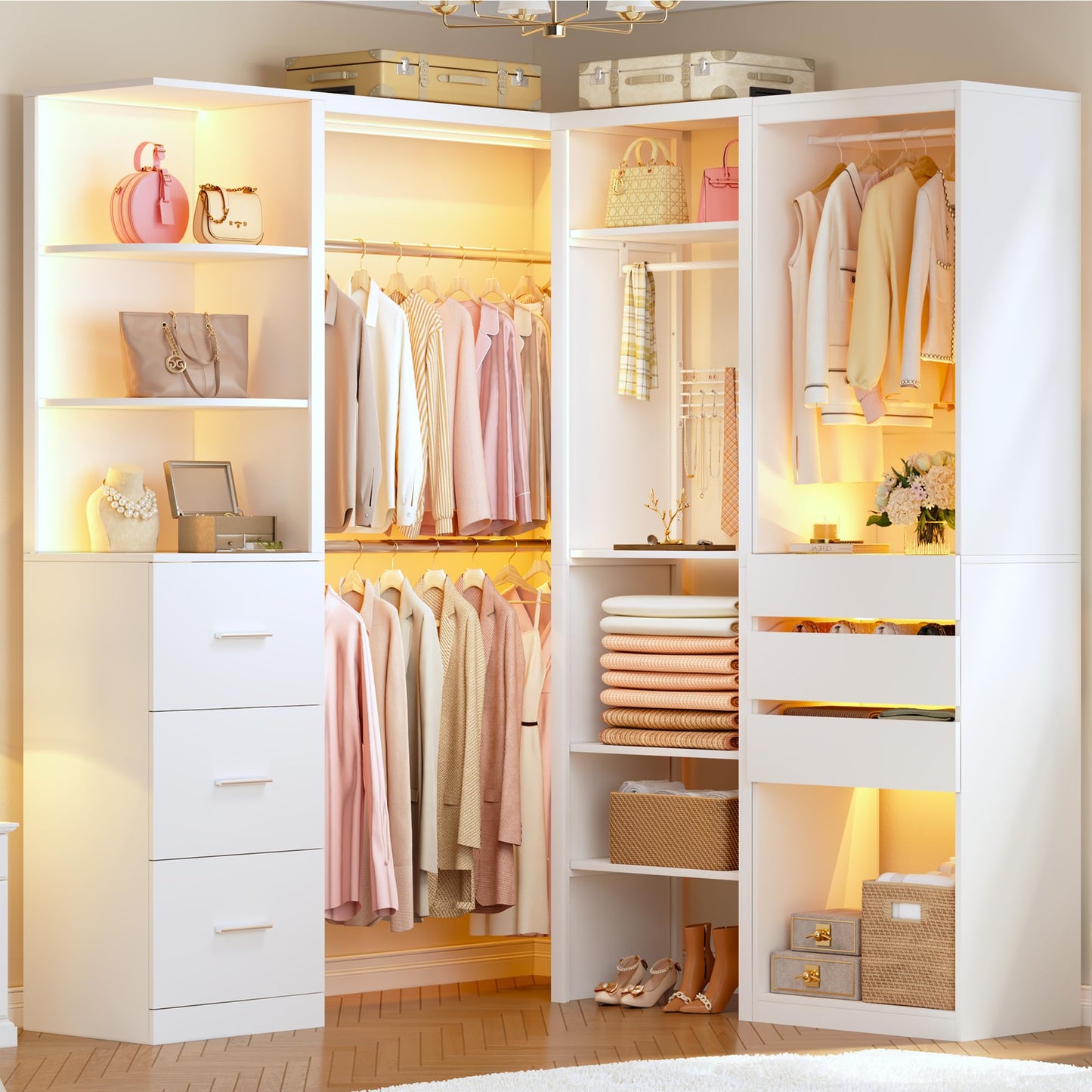Closet System, 4-8FT Closet Organizer with 3 Wood Drawers & Glass Top, 102'' Walk in Closet with 5 Hang Rods & LED Lights & Trouser Rack, Built-in Wardrobe Clothes Rack with Shelves and Tower, White
