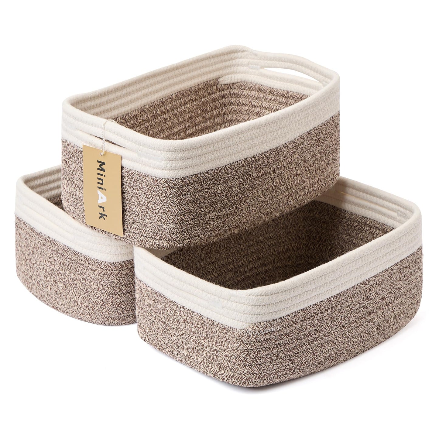 MiniArk Small Storage Baskets for Organizing | Closet Organizer Bins | Shelf Toy Basket | Woven Rope Baskets | Cube Decorative Box | Shallow Basket | L11.5xW7.5xH4.7| Brown