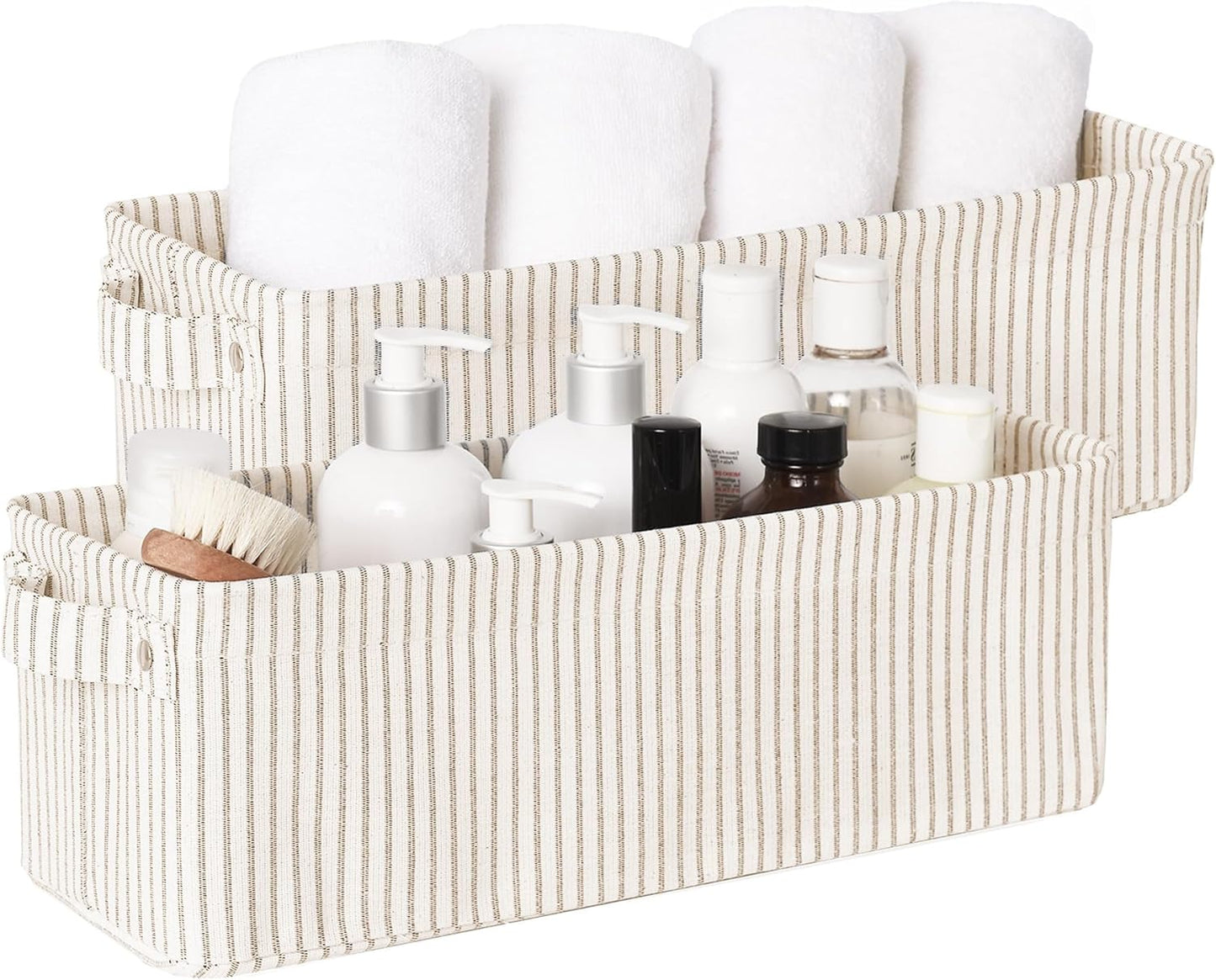 StorageWorks Fabric Narrow Storage Bins, Khaki and Beige Stripes, 2-Pack
