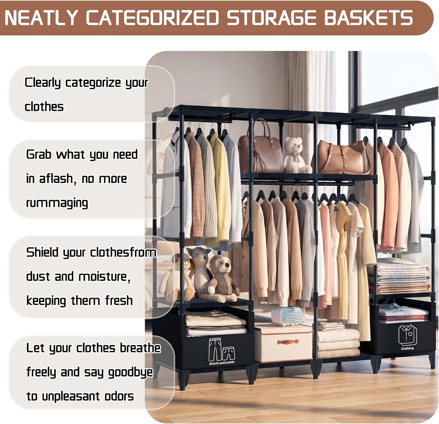 LOKEME Portable Closet,Sturdy Stable Large Capacity Wardrobe Closet