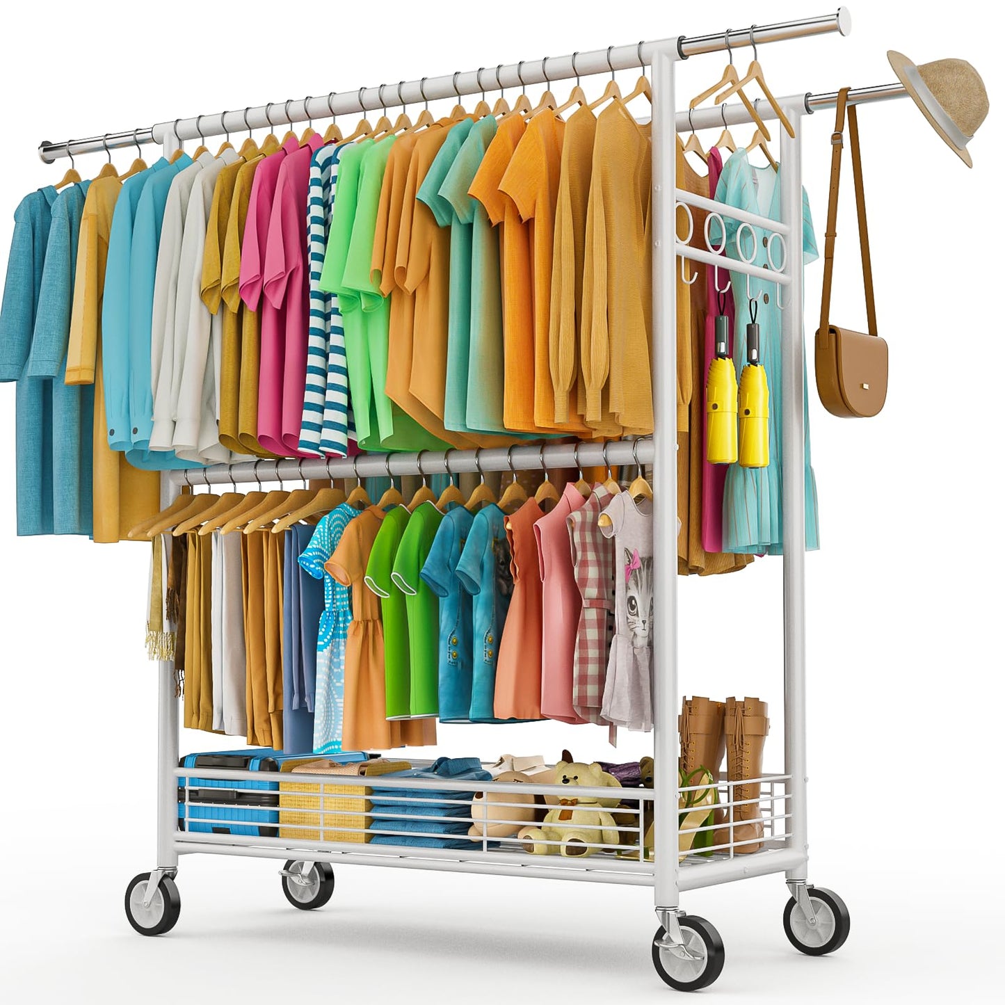 Heavy Duty Clothes Rack Load 960LBS, Three Rods Rolling Clothing Racks for Hanging Clothes, Rolling Garment Rack With Sturdy Wheels Shelves Hooks, Portable & Adjustable Commercial Garment Rack, Silver