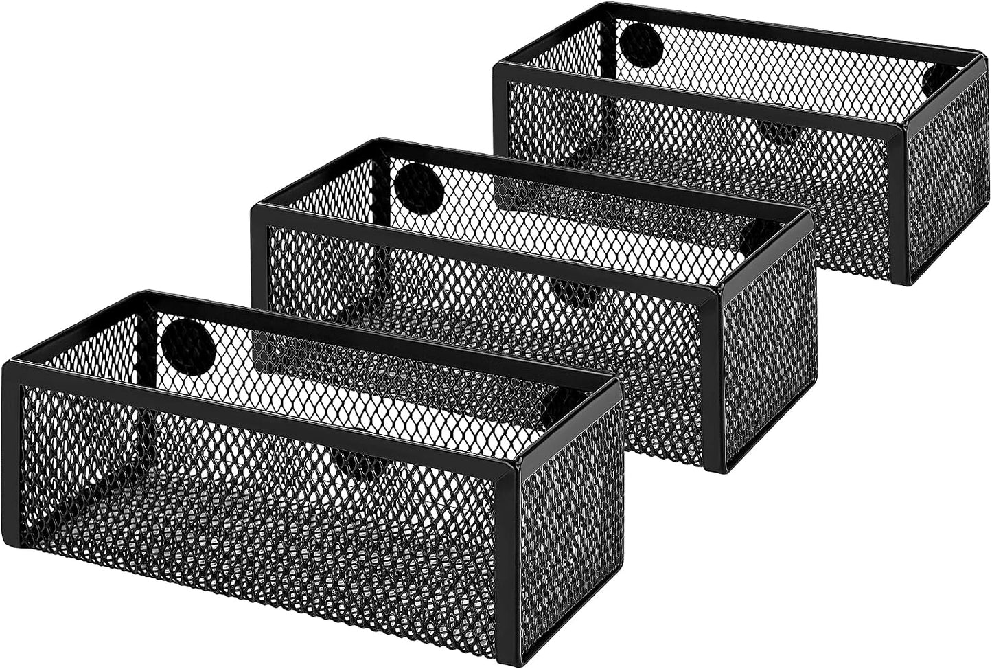 Amazon Basics Magnetic Storage Baskets, Mesh Organizers for Office Supplies and Workspace, 6" x 2.5" x 2.2", Black, 3-Pack