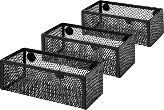 Amazon Basics Magnetic Storage Baskets, Mesh Organizers for Office Supplies and Workspace, 6" x 2.5" x 2.2", Black, 3-Pack