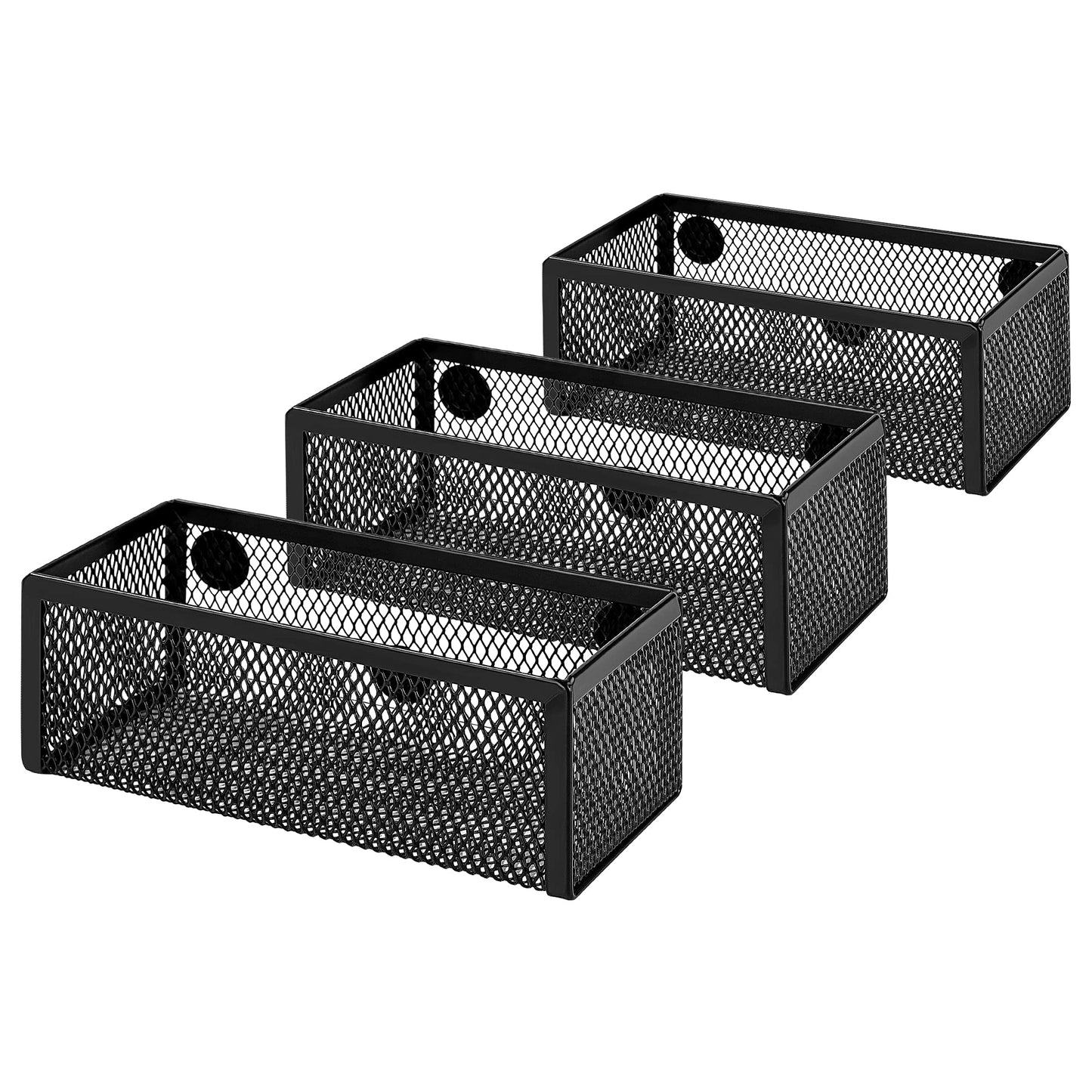 Amazon Basics Magnetic Storage Baskets, Mesh Organizers for Office Supplies and Workspace, 6" x 2.5" x 2.2", Black, 3-Pack