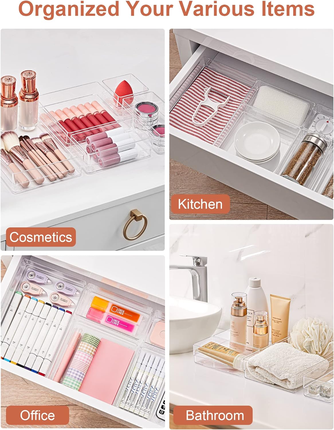SMARTAKE 13 PCS Drawer Organizer 5-Size Desk Makeup Drawer Organizer Clear