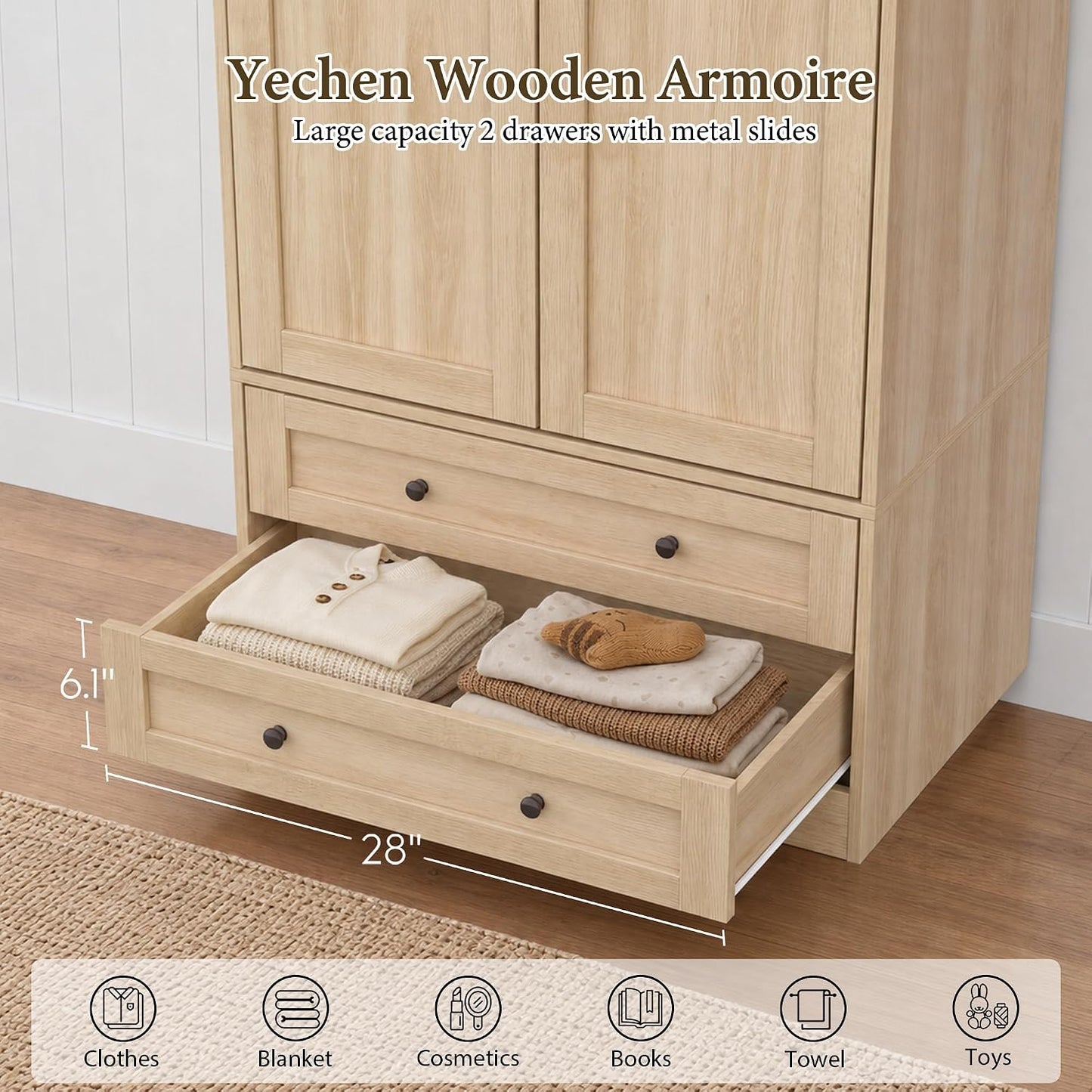 Yechen 71" Wooden Armoire Wardrobe Closet with 2 Doors & 2 Drawers, Natural