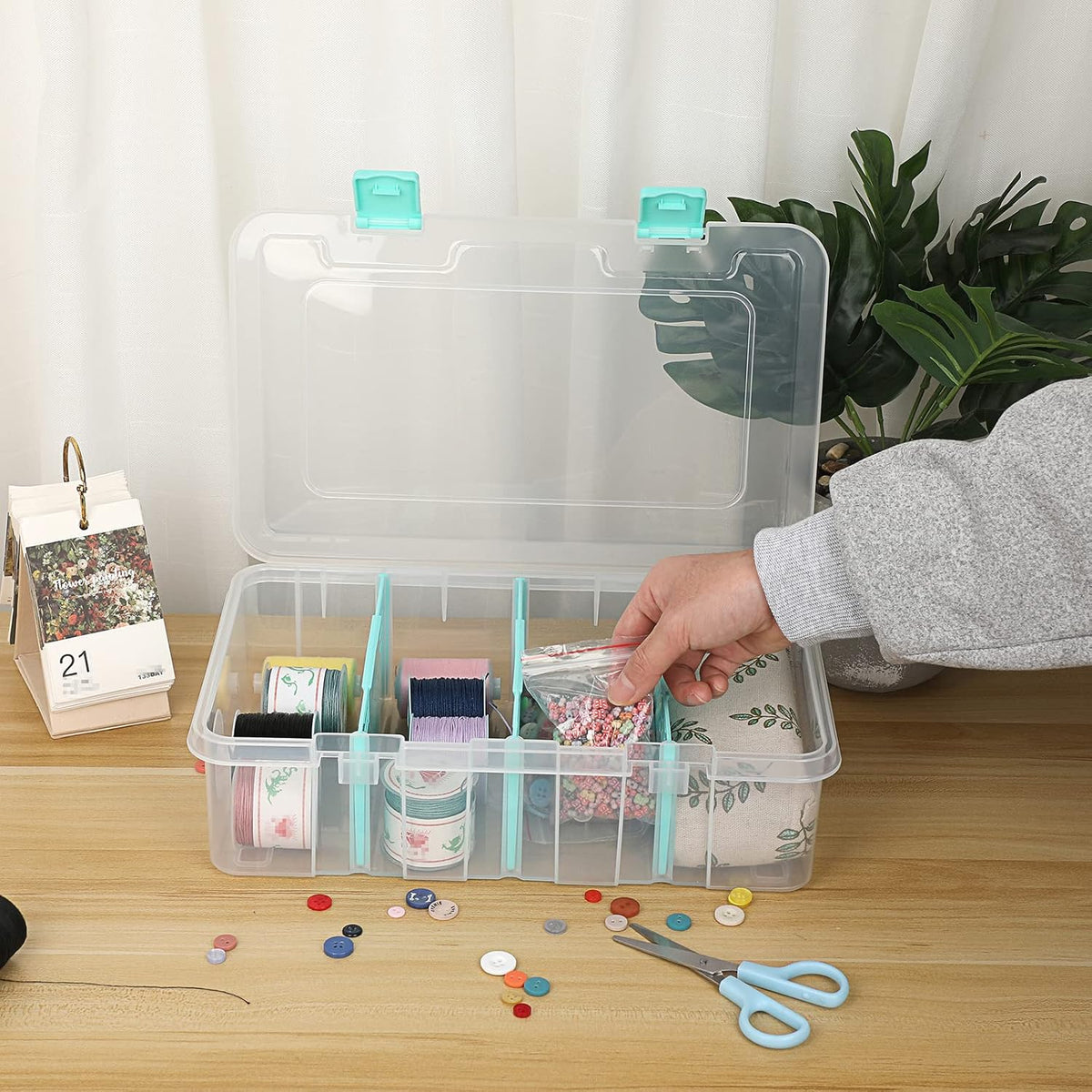 BTSKY Clear Plastic Dividing Storage Box with 4 Compartments Sewing Box