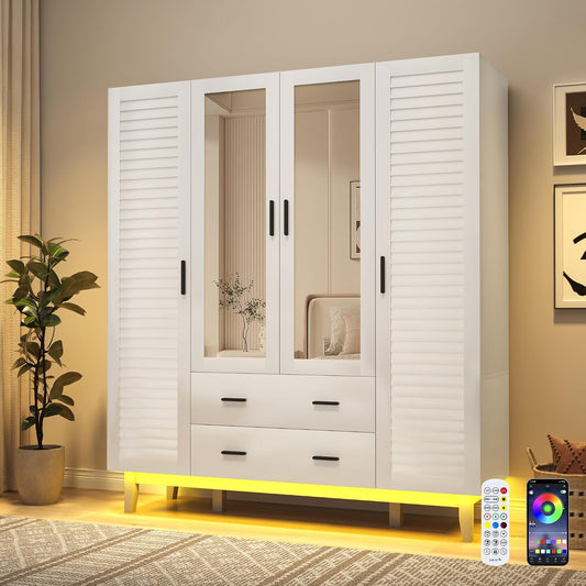 jiteentarou 4 Door Armoire Wardrobe Closet Cabinet with Drawers and LED Lights, Multi-Tier Shelves, Hanging Rod & 4 Louver Doors, Large Capacity Storage Wardrobe Armoire for Bedroom(4 Doors White)